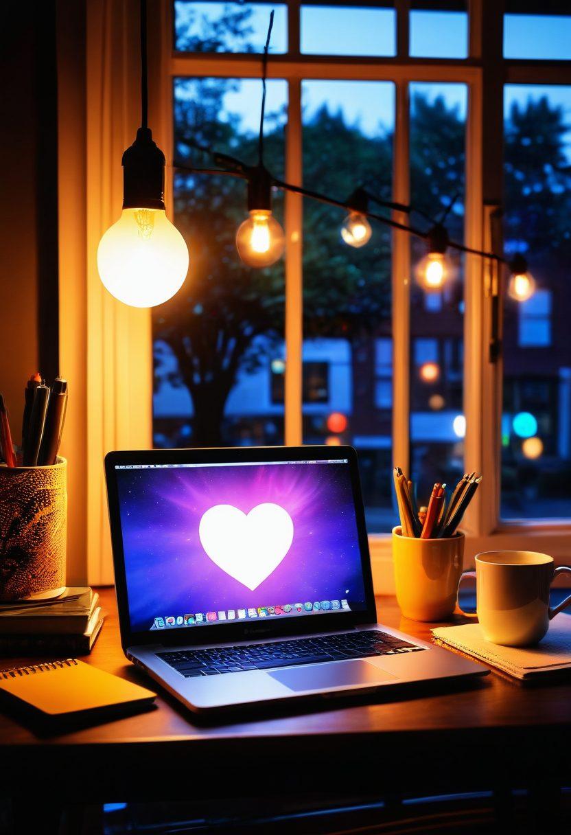 A cozy, inviting workspace featuring a laptop surrounded by colorful notebooks, pens, and steaming coffee, with a light bulb glowing above to symbolize ideas. Cheerful icons of engagement such as speech bubbles and hearts float around, depicting audience interaction. Sunlight streaming through a window reflects a warm ambiance that inspires creativity. vibrant colors. super-realistic.