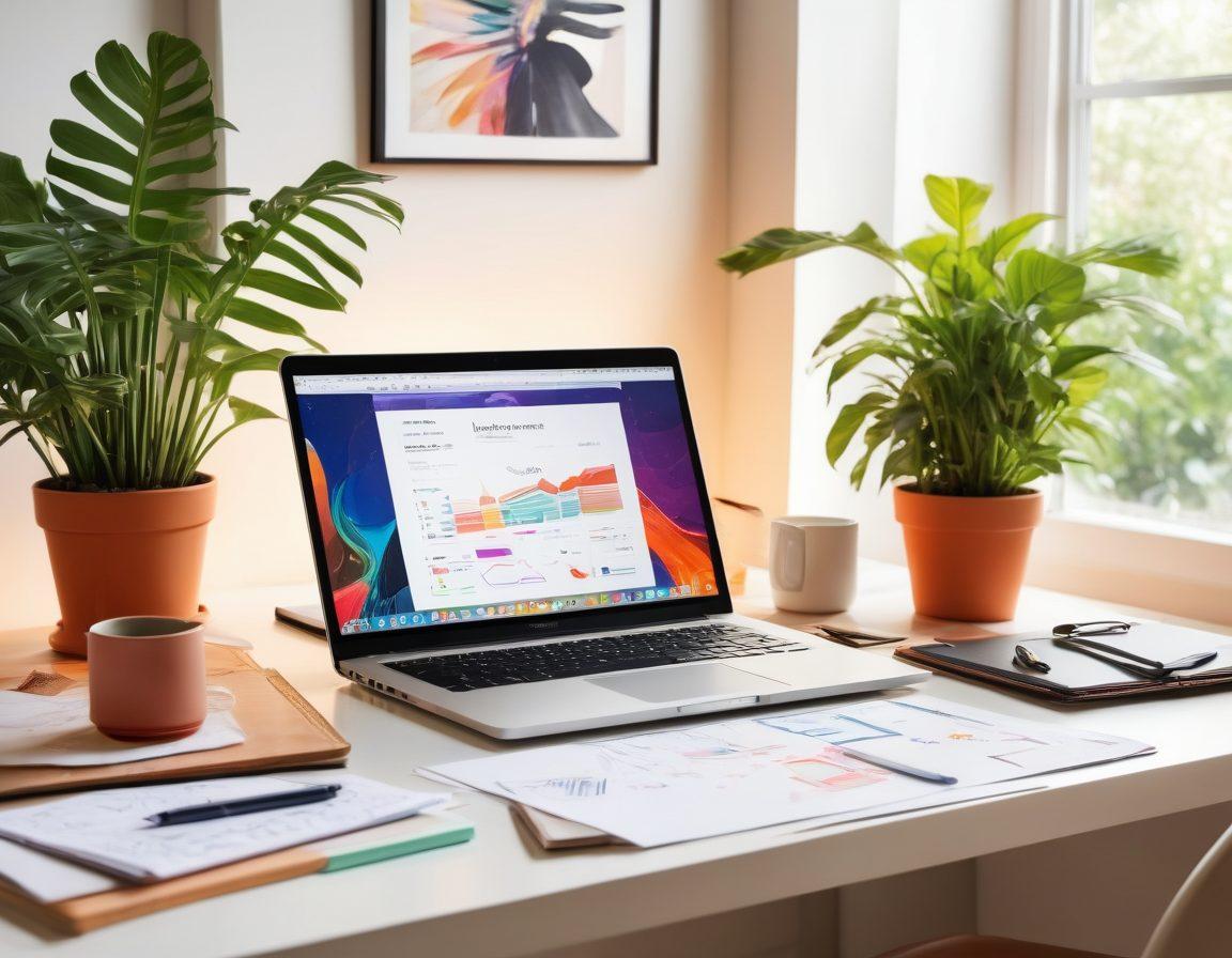 A creative workspace featuring a laptop on a stylish desk, surrounded by colorful design sketches and notes, with a bright light illuminating the scene. Overlayed are graphs and dollar signs that symbolize monetization, symbolizing the journey from design to profit. A cozy and inspiring atmosphere is created with a touch of greenery from plants in the background. vector art. vibrant colors. clean white background.