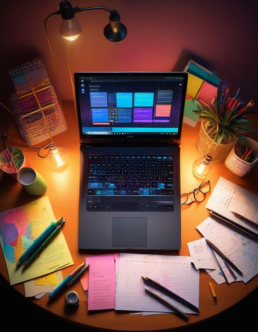 A dynamic visual featuring an open laptop surrounded by colorful notepads, pens, and digital tools like analytics graphs and a light bulb symbolizing ideas. In the background, hint at a pathway leading to a bright horizon, representing the journey of blogging success. The ambiance should be inspirational and innovative. super-realistic. vibrant colors. soft focus.